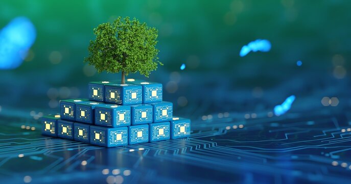 Future sustainable green technology concept with small tree growing on glowing blue electronic circuit blocks