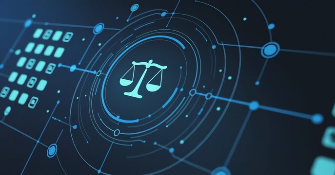 Digital scales of justice icon on glowing blue circuit background for legal technology and law
