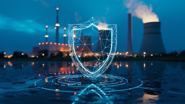 Digital shield icon protecting nuclear power plant infrastructure against cyber security threats and industrial energy risks