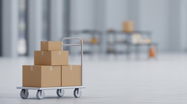 Cardboard boxes on metal hand trolley in modern clean logistics warehouse distribution center shipping concept.