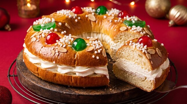 Traditional Roscon de Reyes Spanish epiphany king cake topped with candied fruits