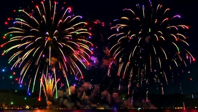 Colorful Fireworks Exploding in Dark Night Sky Celebration Background