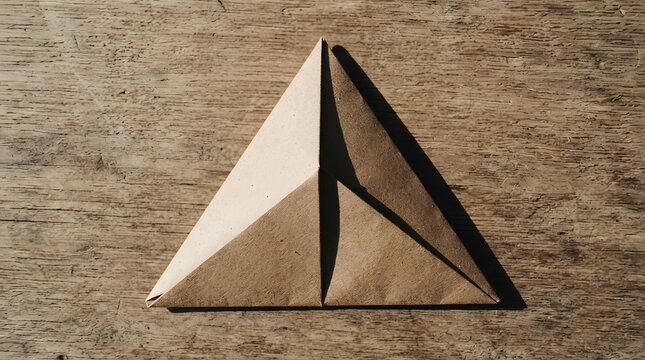 Minimalist kraft paper triangle fold on textured beige background for modern design