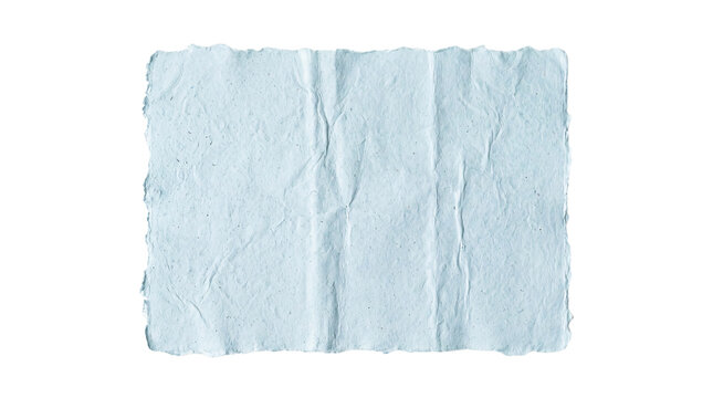 Crinkled light blue paper sheet with torn edges on png on isolated transparent background