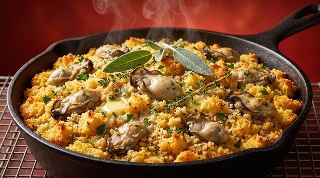 Baked oyster stuffing dressing in cast iron skillet for Thanksgiving and Christmas