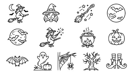 Obraz premium Halloween Icons Set: Witch, Broom, Bat, Pumpkin, Ghost, Cauldron, Spider, Tree