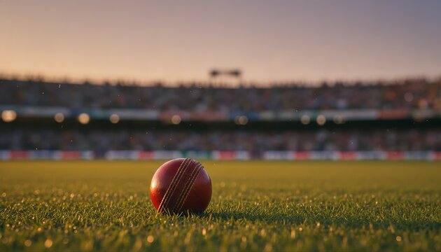 Cricket ball resting on stadium grass during sunset match