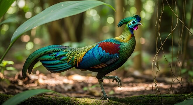 Vibrant Himalayan Monal bird walking in lush green jungle with soft dappled sunlight