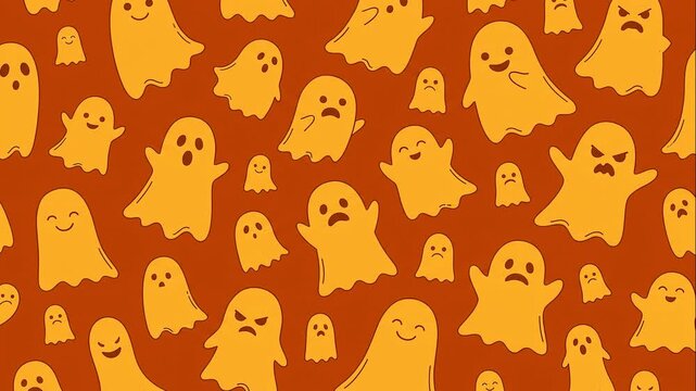 Seamless pattern of cute cartoon ghost characters in warm yellow tones for childrens design