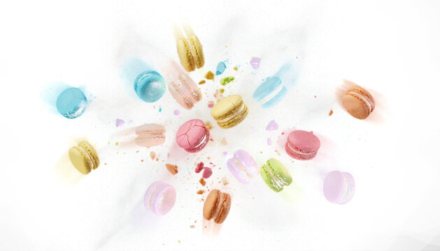 Vibrant pastel macarons explosion with sugar powder on transparent background for festive dessert poster design