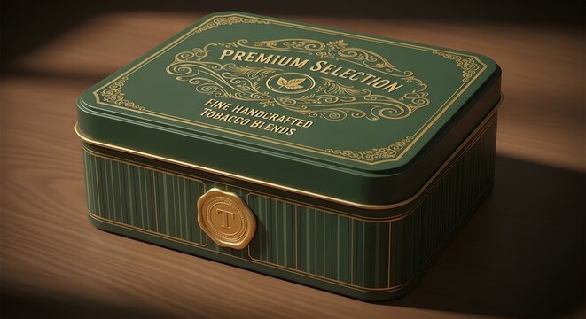 Vintage tobacco tin with ornate gold detailing on a wooden surface with soft light