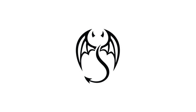 Stylized black ink illustration of a mythical creature symbol featuring devil-like wings and a pointed tail in a minimalist tattoo style.