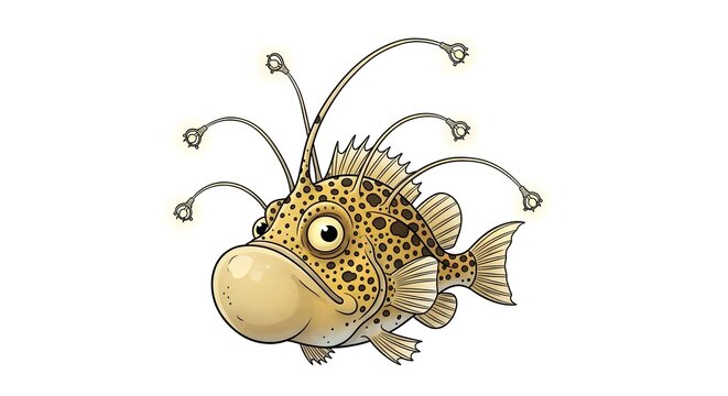 Whimsical Anglerfish with bioluminescent lures swimming in deep ocean waters with white background