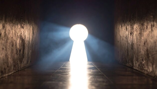 Bright light illuminating through a keyhole in empty space