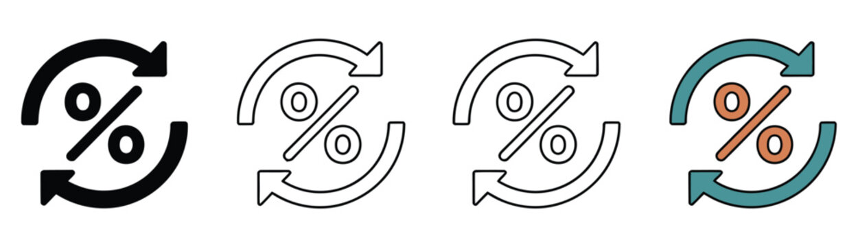 Percentage cycle arrows icon, circular percentage symbols for discount sales, interest rates, price reduction, finance calculations, and promotional offers, vector, designs