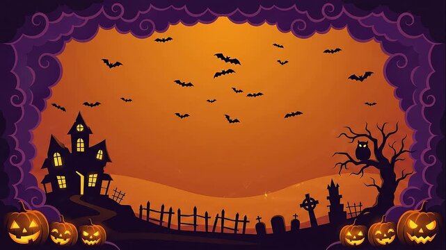 Illustration of a Halloween border frame with swirling purple clouds and fireflies