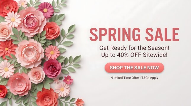 Spring sale banner with paper flowers and up to 50% off promotion