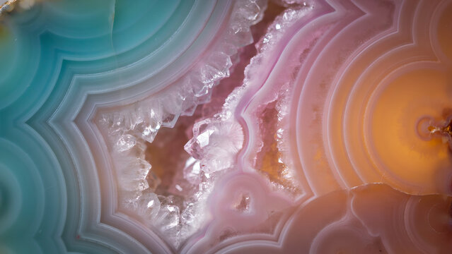 Macro closeup of a colorful agate geode with intricate banded patterns and sparkling quartz crystals in the center