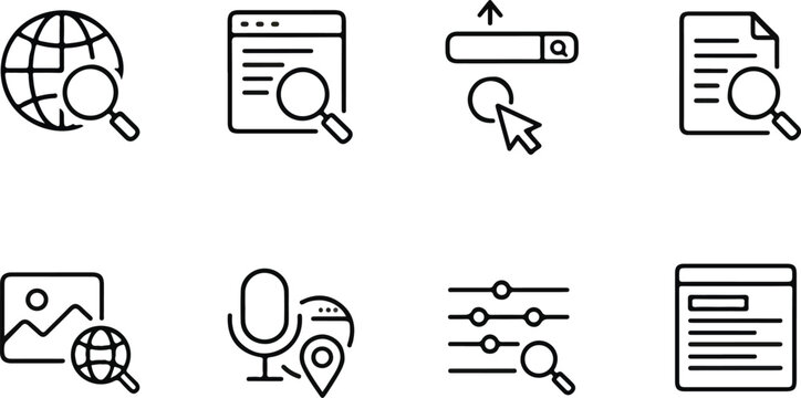 Search and content optimization line icon set with SEO tools