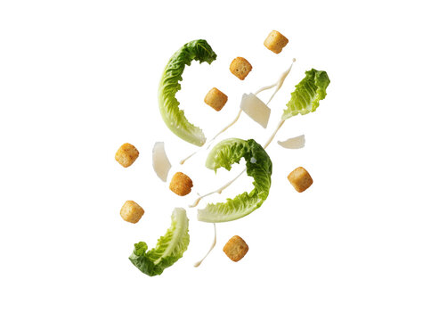 Fresh romaine lettuce, croutons, and parmesan on black background for salad ingredient design
