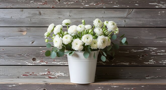 White ranunculus flowers in a bucket with eucalyptus on a rustic wooden surface with soft natural light