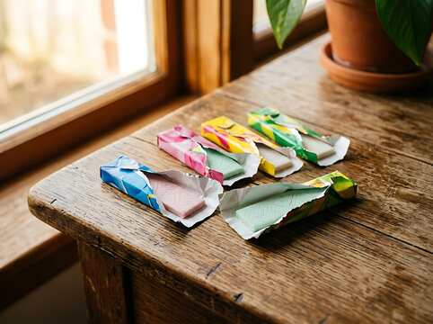 Several sticks of colorful chewing gum unwrapped on a rustic wooden table.