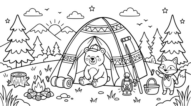Cute bear and fox camping in the forest, coloring page for kids