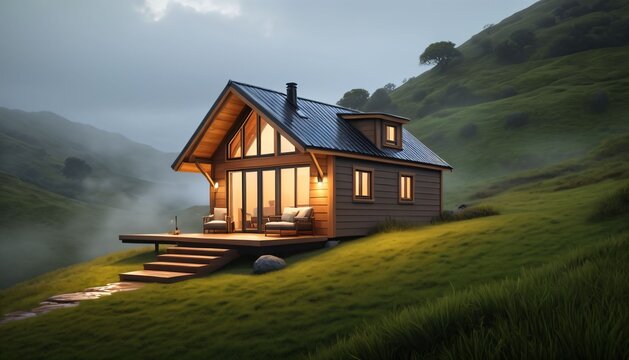 Cozy tiny house on misty green hillside at dusk