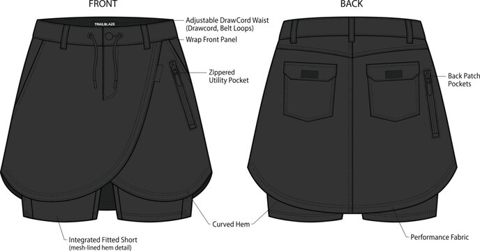 Technical Fashion Drawing of Performance Wrap Skort with Utility Pocket and Back Patch Pockets