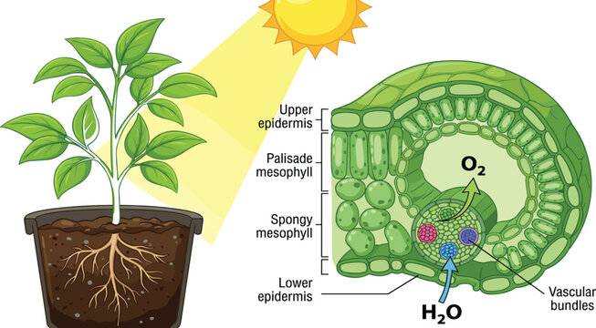 Plant Leaf Cross Section and Photosynthesis Diagram with Roots, Sunlight, Stomata, Oxygen, Water, and Vascular Bundle for Biology Education
