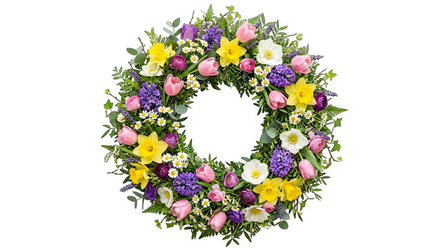 A vibrant and colorful floral wreath beautifully arranged with various blossoms creating a stunning decorative element isolated on transparent background