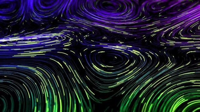 Abstract Particle Flow Field Visualization.An abstract digital visualization featuring luminous particle trajectories flowing through multiple vortex and wave structures on a dark background.