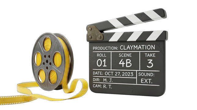 A cinematic composition featuring a vintage film reel and a classic clapperboard isolated on transparent background