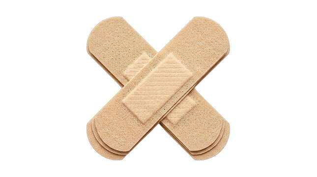 A close up view of adhesive bandages forming an 'x' shape perfect for medical illustrations isolated on transparent background