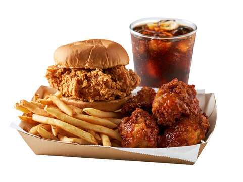 Crispy fried chicken sandwich with french fries and chicken wings in a paper tray with soda