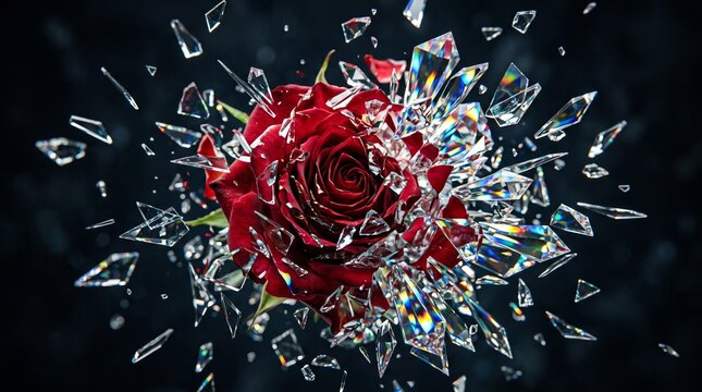 Macro 3D render of a beautiful red rose exploding and transforming into sharp glass crystal shards with rainbow prism light, impossible physics concept