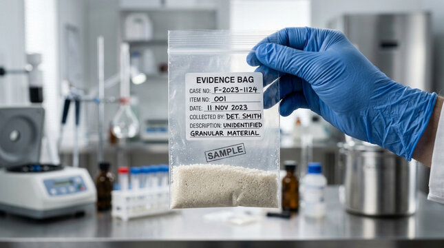 Forensic Evidence Bag with Granular Material in Laboratory