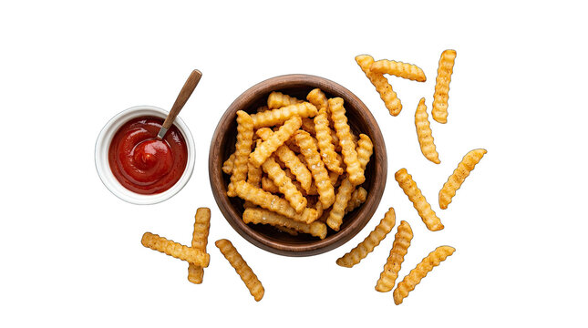 Delicious crispy golden and seasoned curly fries with vibrant ketchup perfect for a snack isolated on transparent background