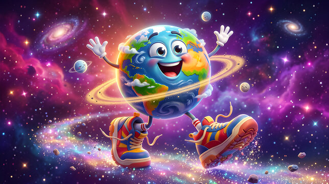 Funny anthropomorphic planet character with tiny legs and oversized sneakers, joyful expression, surreal playful concept, modern 3D cartoon style, no text