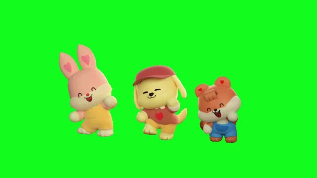 3D cartoon animals dancing together on a green screen background