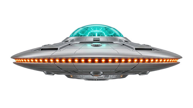 A detailed digital illustration of a classic silver ufo with glowing lights perfectly isolated on transparent background