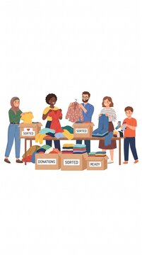 Diverse group of volunteers sorting donated clothing into cardboard boxes for charity