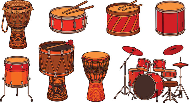 Colorful Traditional Drum and Percussion Instrument Collection with African Hand Drums, Snare Drums, Tom Toms, and Complete Drum Kit
