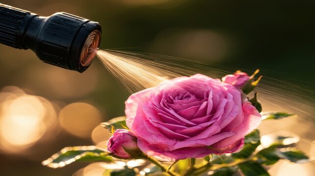 Pink rose blossom receiving a gentle spray from a garden sprinkler