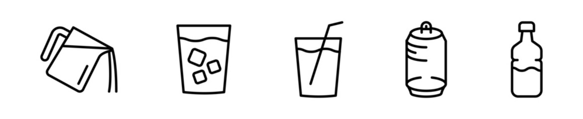 Set de 5 iconos de bebidas. Jarra sirviendo, vaso con hielos, vaso con sorbete, lata y botella. Diseño vectorial lineal © Alejandro