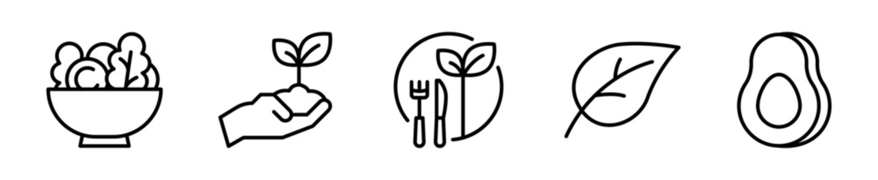 Set de 5 iconos de vegano y vegetariano. Bowl de ensalada, mano con planta, comida vegana, hoja y aguacate. Dise&ntilde;o vectorial lineal