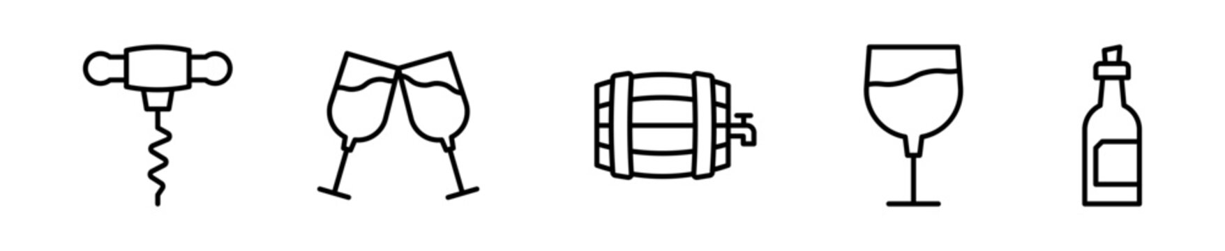 Set de 5 iconos de vino y licor. Sacacorchos, brindis, barril de madera, copa de vino y botella de vino. Dise&ntilde;o vectorial lineal