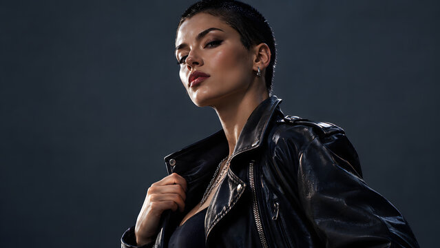 Fierce Woman with Buzz Cut and Leather Jacket, Edgy Female Portrait and Alternative Fashion