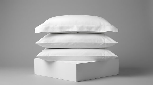 Stack of three white cotton pillowcases on a white pedestal