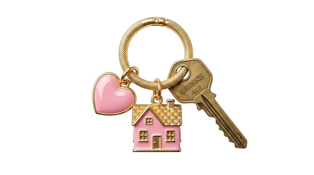 Charming house shaped keychain with a heart charm and key symbolizing homeownership and love isolated on transparent background
